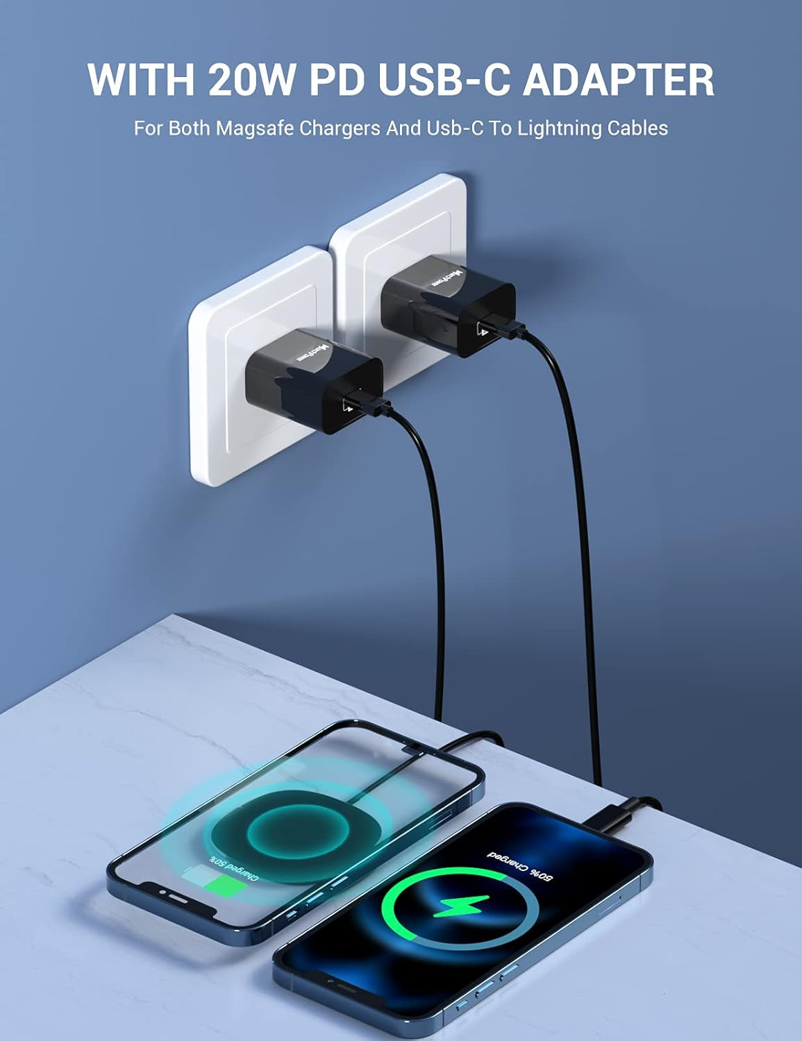 Iphone Magnetic Charger - Super Fast Mag Safe Charging Pad and 20W PD2.0 USB-C Wall Plug Compatible with Iphone 15 14 13 12 Pro Max Series, Airpods Series - Black